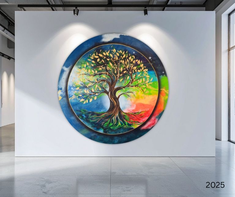 Rundes Gemälde an einer weißen Galeriewand, das einen farbenfrohen Baum mit gelben Blättern vor einem abstrakten Hintergrund in Blau, Grün, Rot und Gelb zeigt.